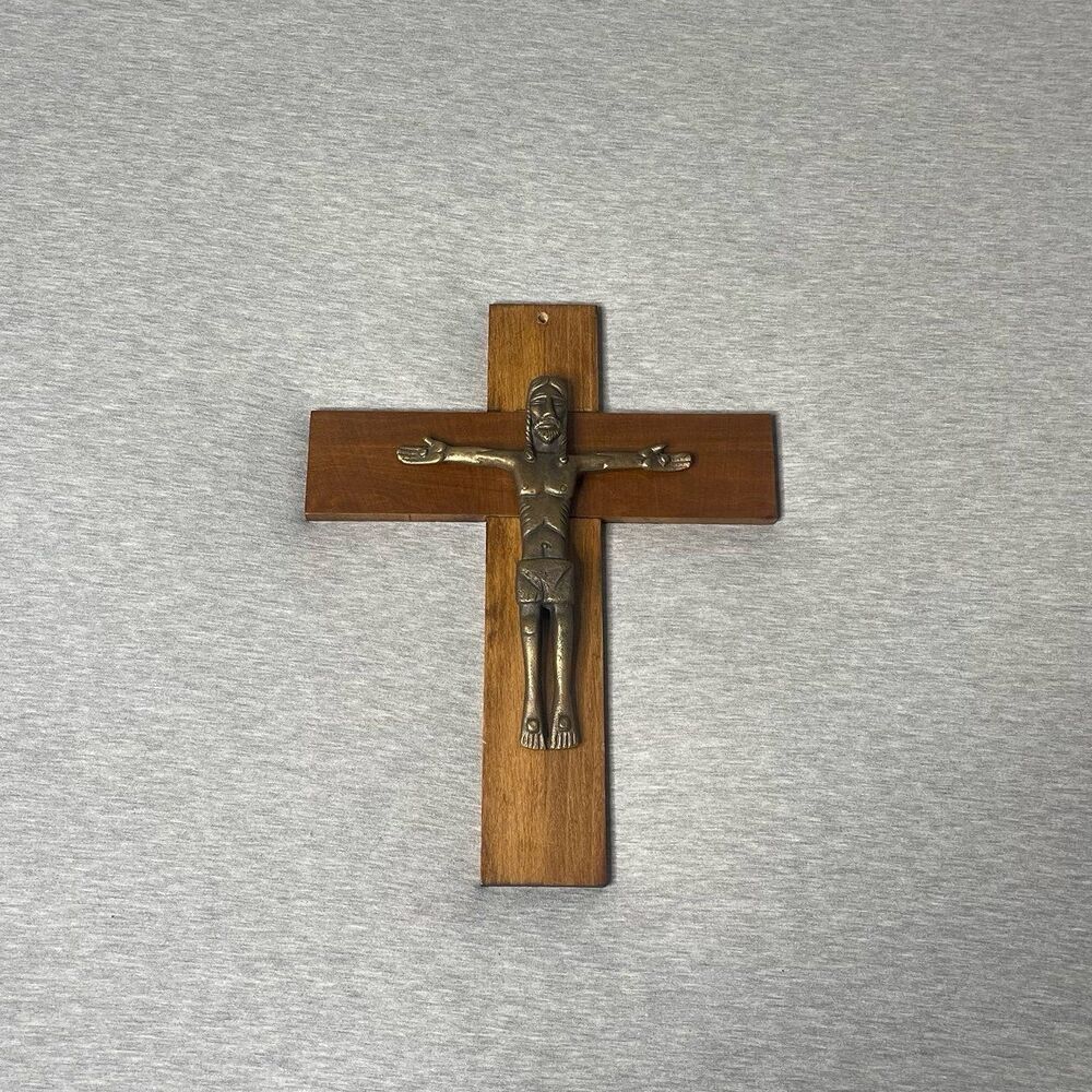 Art Deco Crucifix Crowned Bronze Jesus On A Wooden Cross Religious Statue Figure